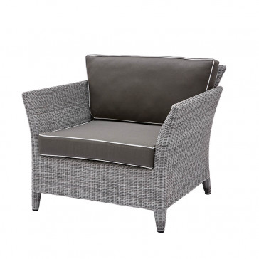 Durable and elegant garden armchair in french grey with UV resistant cushions and pale grey offset piping on a white background