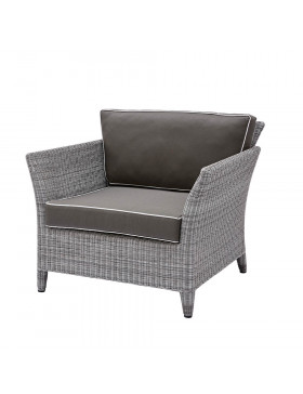 Durable and elegant garden armchair in french grey with UV resistant cushions and pale grey offset piping on a white background