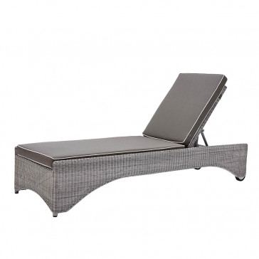 Rattan sun lounger with French grey UV resistant cushions  side view on a white background