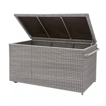 Rattan garden storage box pictured on white background with the lid open