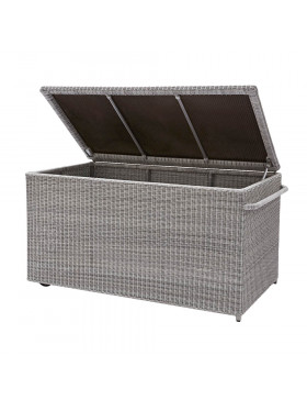 Rattan garden storage box pictured on white background with the lid open