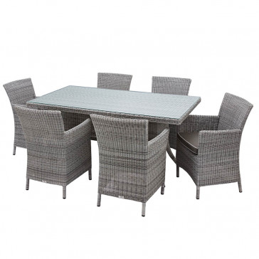 Six seater Grey rattan garden table and chairs on a white background