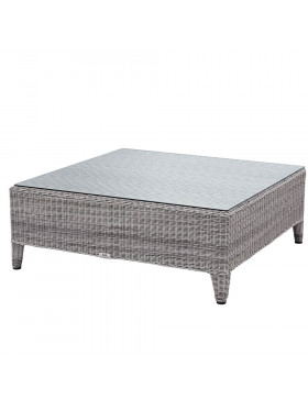 Oceane garden corner coffee table with tempered glass top French grey rattan pictured at an angle on a white background