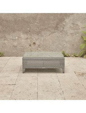 Oceane garden corner coffee table with tempered glass top French grey rattan pictured on Southern French terrace.